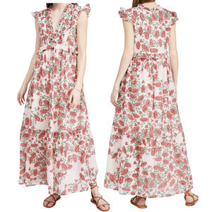 Banjanan Constance Red Pink Floral Maxi Dress VNeck Flutter Sleeves Ruffle Sz L